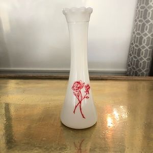 Vintage Hazel Atlas White Milk Glass Bud Vase Red Roses Flowers 8 3/4"